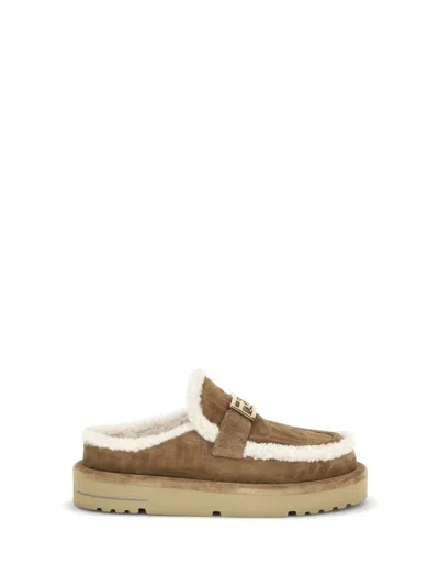 Fendi Women Beige Mules With Logo Lettering On The Rear And Ff Buckle In Suede Woman In Brown