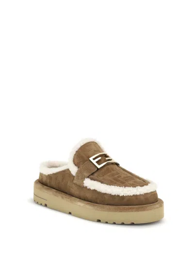 Fendi Women Beige Mules With Logo Lettering On The Rear And Ff Buckle In Suede Woman In Brown