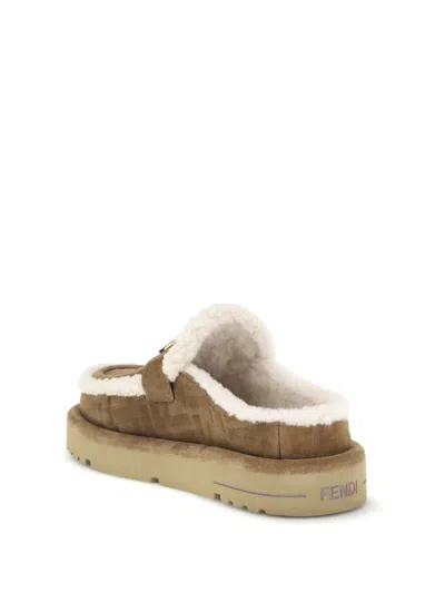 Fendi Women Beige Mules With Logo Lettering On The Rear And Ff Buckle In Suede Woman In Brown