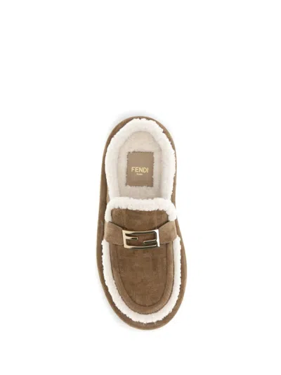 Fendi Women Beige Mules With Logo Lettering On The Rear And Ff Buckle In Suede Woman In Brown
