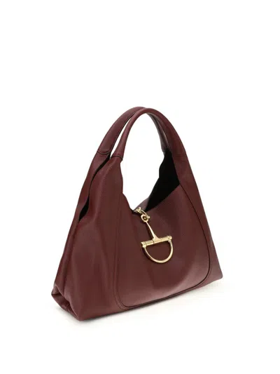 Gucci Women Bordeaux Shoulder Bag With Horsebit Closure In Grained Leather Woman In Red