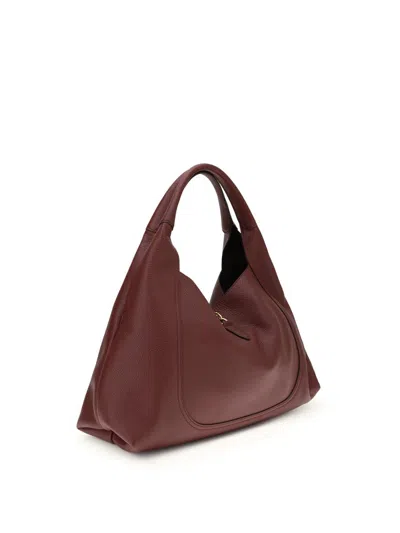 Gucci Women Bordeaux Shoulder Bag With Horsebit Closure In Grained Leather Woman In Red