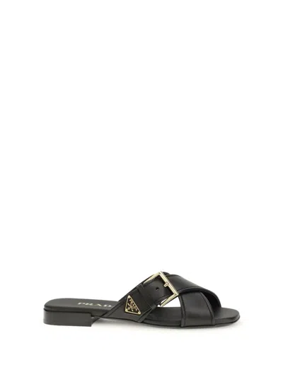 Prada Leather Crisscross Slides With Buckle Shoes In Black