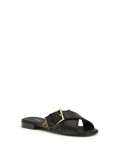Prada Leather Crisscross Slides With Buckle Shoes In Black