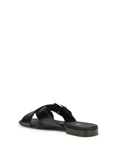 Prada Leather Crisscross Slides With Buckle Shoes In Black