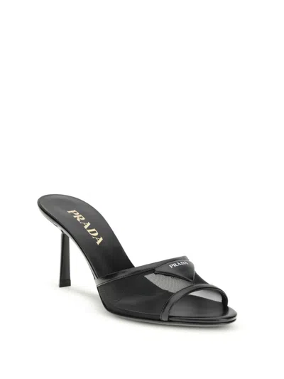 Prada Triangle Logo Mesh Slide Sandal In Black