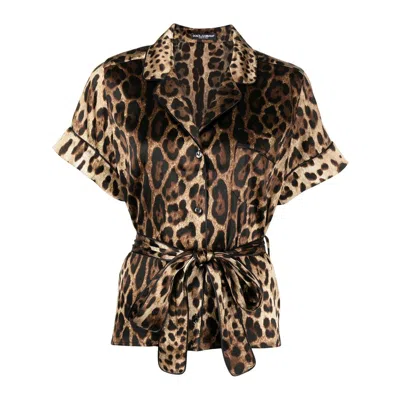 Dolce & Gabbana Belted Piped Leopard Print Silk-blend Satin Shirt In Brown