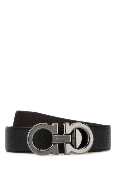 Ferragamo Textured Calf Leather Belt With Interlocking Metallic Buckle In Black