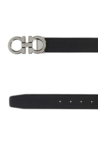 Ferragamo Textured Calf Leather Belt With Interlocking Metallic Buckle In Black