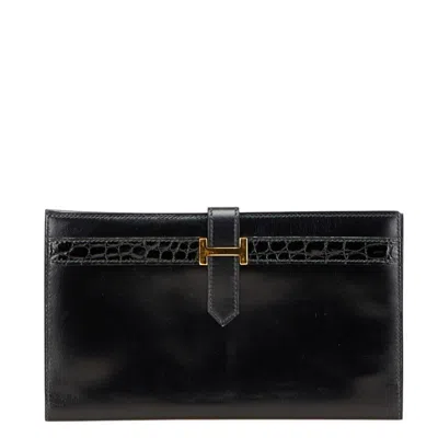Pre-owned Hermes Bearn Black Box Calf Leather Coin Purse/coin Case ()