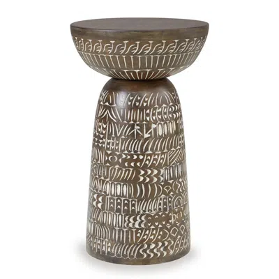 Hivvago Accent Table, Faux Wood Classical Tribal Carved Design, Brown 14 Inch In Gray
