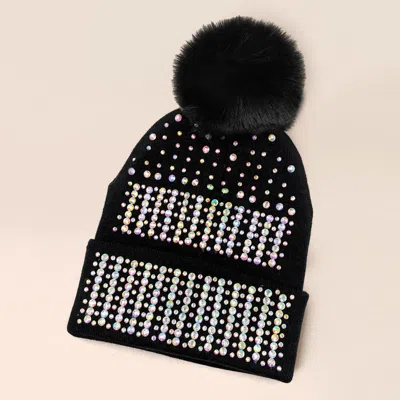 Fashnzfab Bling Pom Pom Beanie Hat In Black