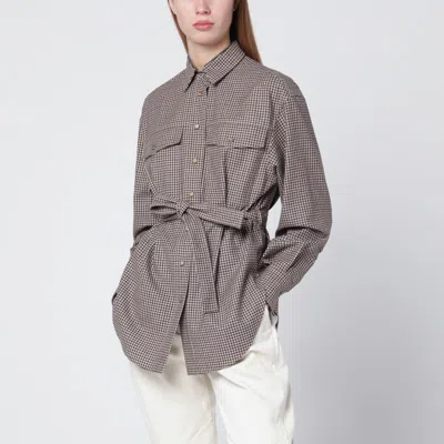 Brunello Cucinelli Check-pattern Shirt With Belt And Shiny Collar Detail In Brown