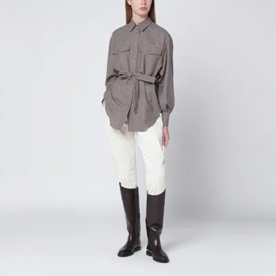 Brunello Cucinelli Check-pattern Shirt With Belt And Shiny Collar Detail In Brown