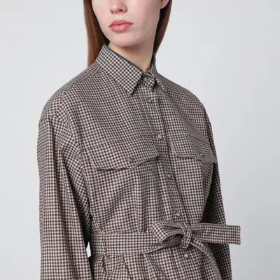 Brunello Cucinelli Check-pattern Shirt With Belt And Shiny Collar Detail In Brown