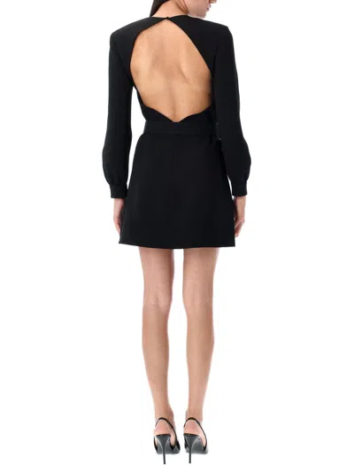 Saint Laurent Wool-cotton Belted A-line Mini Dress In Black
