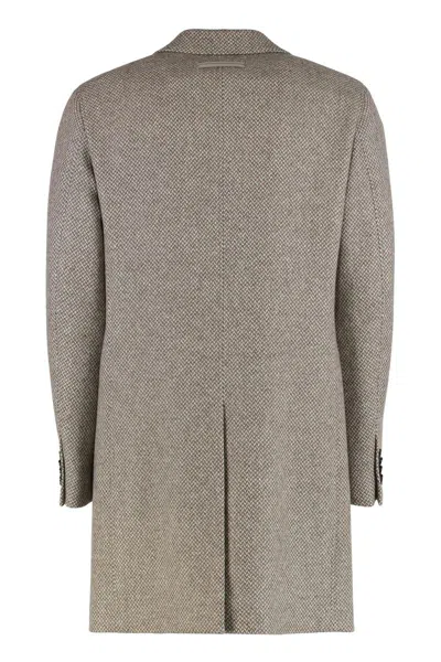 Zegna Notched Lapels Wool Double Breasted Coat In Brown