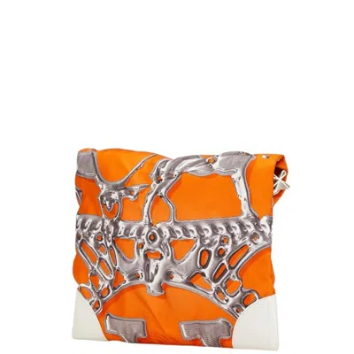 Pre-owned Hermes Orange Silk Leather Pouch Shoulder Bag ()