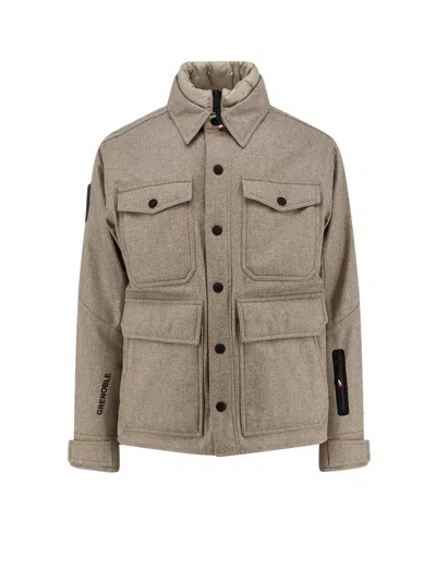 Moncler Virgin Wool Jacket With High Collar And Pockets In Brown