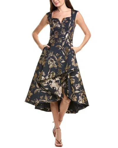 Adrianna Papell High Low Metallic Jacquard Tea Length Dress In Blue