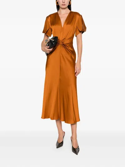 Victoria Beckham Midi Dress With V Neck And Ruched Detail In Orange