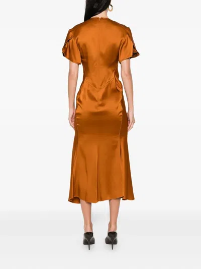 Victoria Beckham Midi Dress With V Neck And Ruched Detail In Orange
