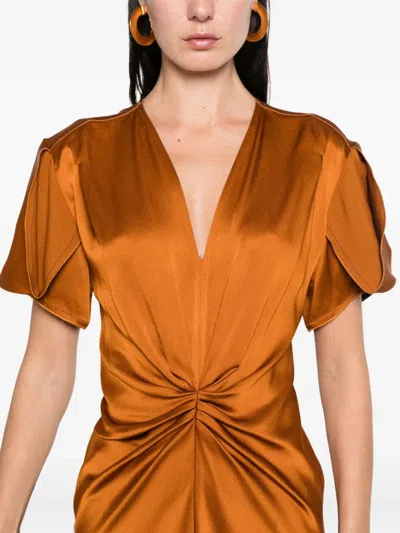 Victoria Beckham Midi Dress With V Neck And Ruched Detail In Orange