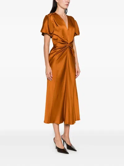 Victoria Beckham Midi Dress With V Neck And Ruched Detail In Orange
