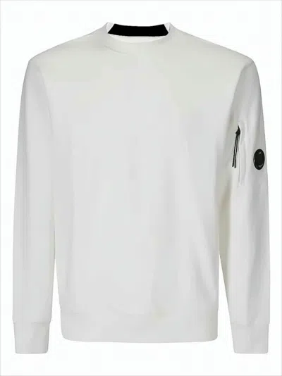 C.p. Company Long-sleeve Crewneck Shirt With Zippered Pocket And Ribbed Details In White
