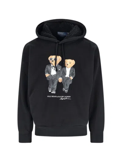 Polo Ralph Lauren Hooded Sweatshirt Featuring Bear Graphic And Ribbed Cuffs In Black