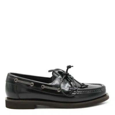 Brunello Cucinelli Glossy Loafers Featuring Metal Eyelets In Black