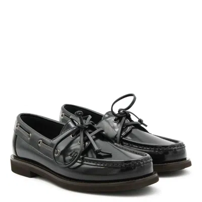Brunello Cucinelli Glossy Loafers Featuring Metal Eyelets In Black