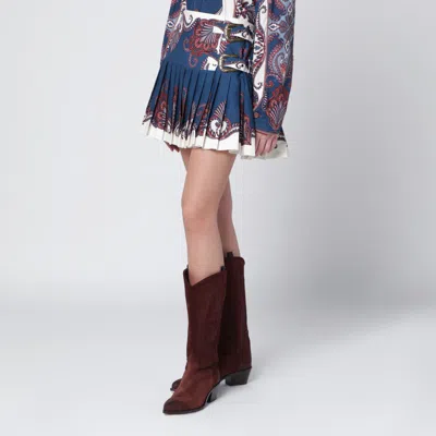 Farm Rio Deep Blue And Sand Pleated Mini Skirt With Arabesque Print In Blue