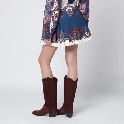 Farm Rio Deep Blue And Sand Pleated Mini Skirt With Arabesque Print In Blue