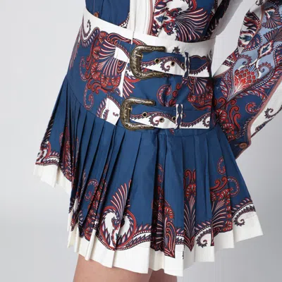 Farm Rio Deep Blue And Sand Pleated Mini Skirt With Arabesque Print In Blue