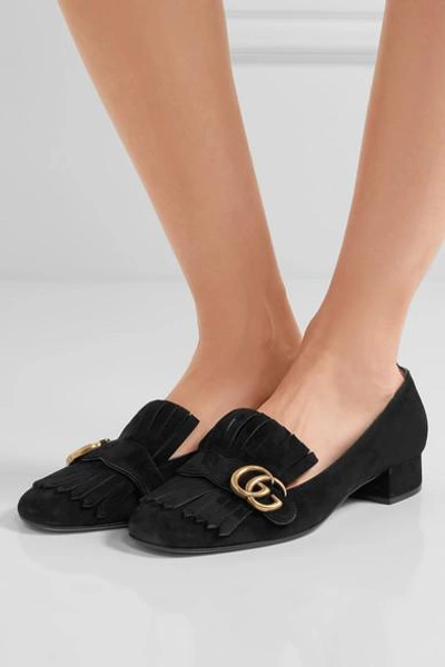 Shop Gucci Marmont Fringed Suede Loafers
