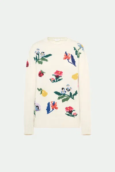 Malo Dalia Embroidered Crewneck Cashmere Sweater In White
