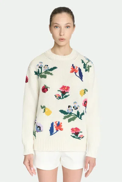 Malo Dalia Embroidered Crewneck Cashmere Sweater In White