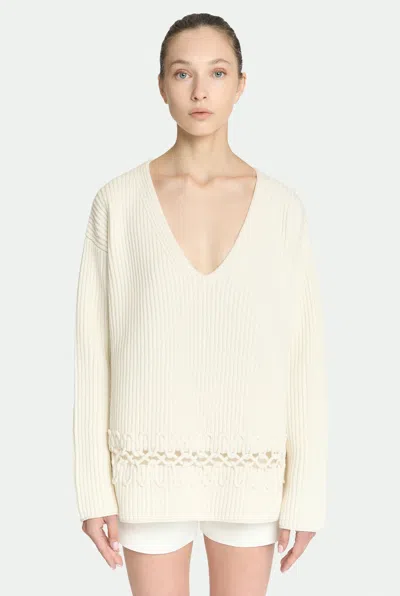 Malo Alma Embroidered Cashmere Rib V-neck Sweater In Neutral