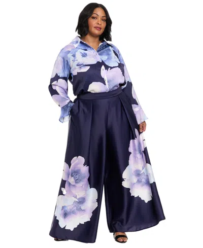 Muse Plus Size Front Pleat Floral Placement Palazzo Pants In Multi