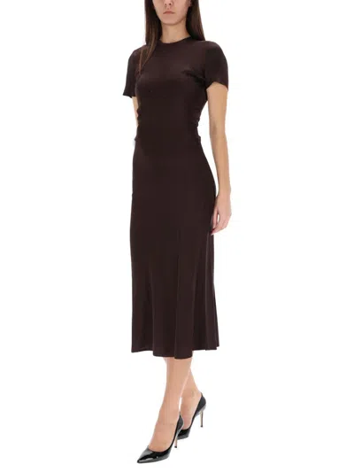 Staud Silk Midi Dress With Ruffles And V-neck In Brown