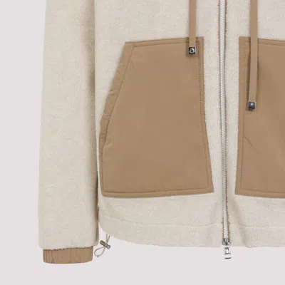 Moncler Hooded Cardigan With Drawstring And Pockets In Neutral