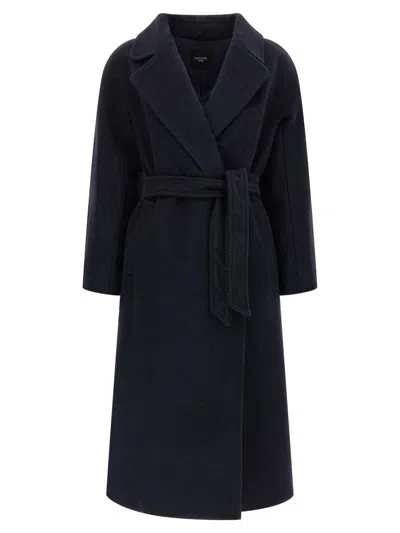 Weekend Max Mara Belted Long Sleeve Coat Side Pockets In Blue