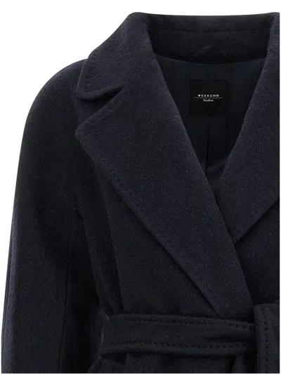 Weekend Max Mara Belted Long Sleeve Coat Side Pockets In Blue