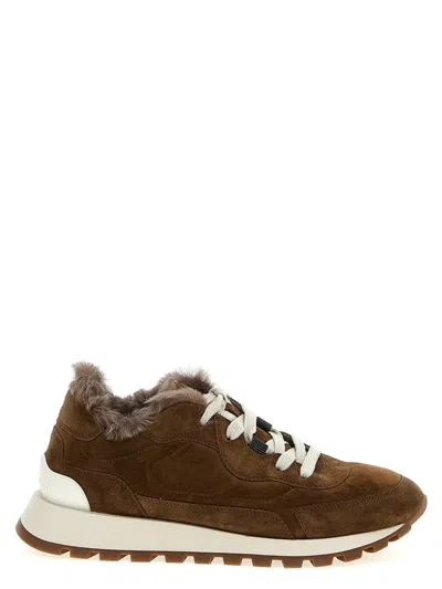 Brunello Cucinelli Suede Sneakers With Rubber Sole Contrast In Brown