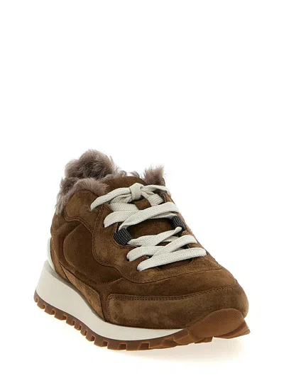 Brunello Cucinelli Suede Sneakers With Rubber Sole Contrast In Brown