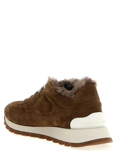 Brunello Cucinelli Suede Sneakers With Rubber Sole Contrast In Brown