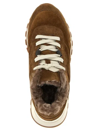 Brunello Cucinelli Suede Sneakers With Rubber Sole Contrast In Brown