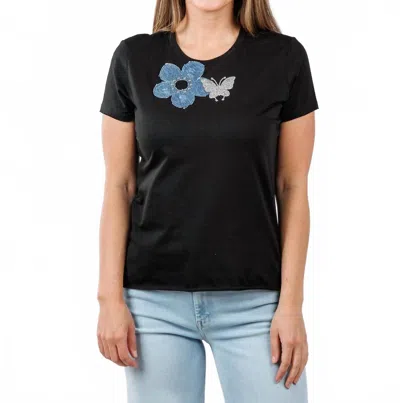 Suzy T Darly Flower Butterflies Top In Black In Black