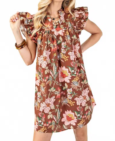Gigio Floral Split Neck Mini Dress With Ruffle Sleeves In Pink / Brown In Brown
